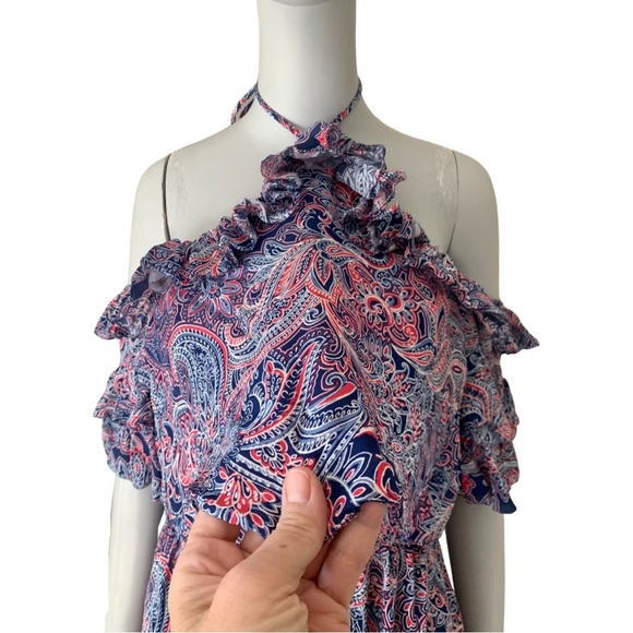 PARKER 100% Silk Lorenzo Paisley Cold Shoulder Halter Dress Size 0 - Picture 9 of 15